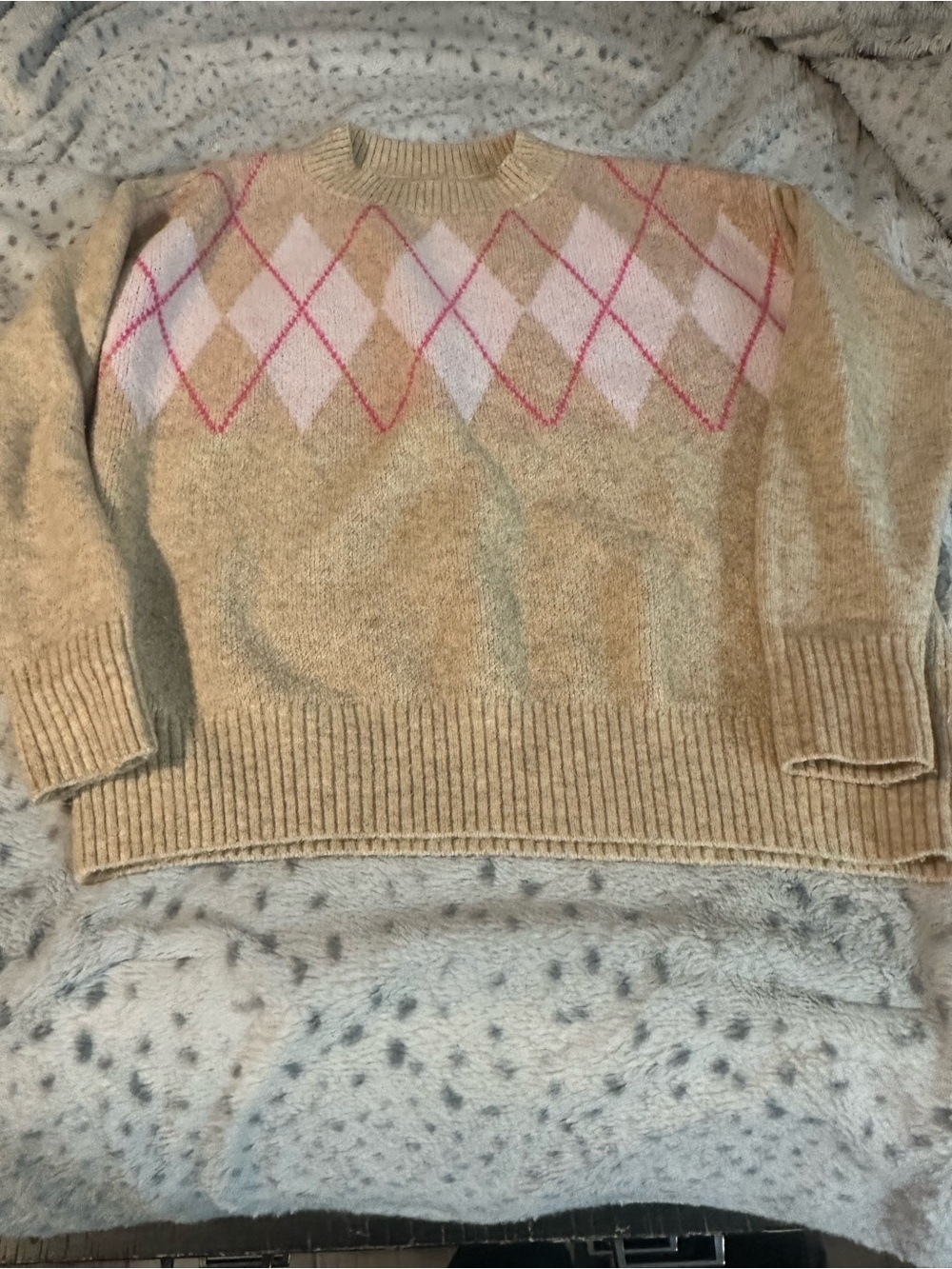 LOFT Tan Crewneck Sweater with Pink Argyle Detail
